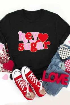 Online Dear-Lover Chenille Heart hey sugar Patched Crewneck Valentines Tee Black