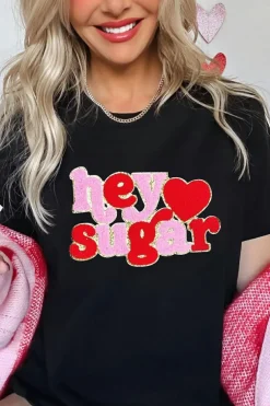 Online Dear-Lover Chenille Heart hey sugar Patched Crewneck Valentines Tee Black