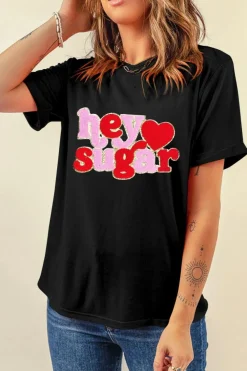 Online Dear-Lover Chenille Heart hey sugar Patched Crewneck Valentines Tee Black