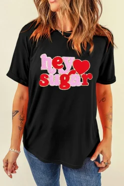 Online Dear-Lover Chenille Heart hey sugar Patched Crewneck Valentines Tee Black