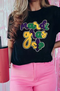 Hot Dear-Lover Chenille Mardi Gras Letter Graphic Tee Black