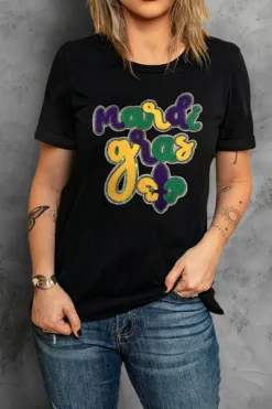Hot Dear-Lover Chenille Mardi Gras Letter Graphic Tee Black