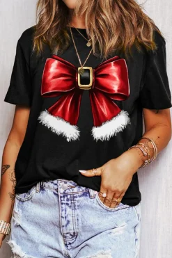 Outlet Dear-Lover Christmas Big Bowknot Graphic Crewneck T Shirt Black