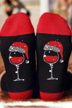 Online Dear-Lover Christmas Champagne Santa Hat Graphic Socks Black