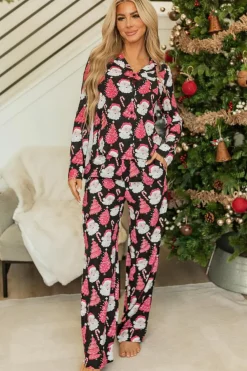 Outlet Dear-Lover Christmas Santa Printed Two Piece Pajamas Set Black