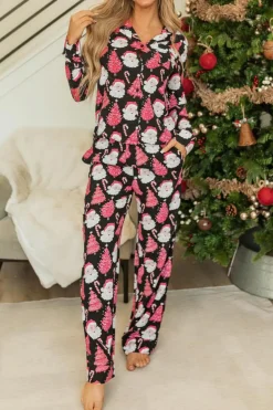 Outlet Dear-Lover Christmas Santa Printed Two Piece Pajamas Set Black