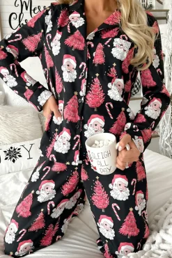 Outlet Dear-Lover Christmas Santa Printed Two Piece Pajamas Set Black