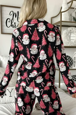 Outlet Dear-Lover Christmas Santa Printed Two Piece Pajamas Set Black