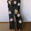 Outlet Dear-Lover Christmas Sequined Santa Clause Print Textured Pants Set Black