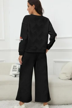 Outlet Dear-Lover Christmas Sequined Santa Clause Print Textured Pants Set Black