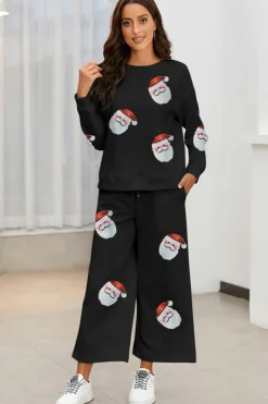 Outlet Dear-Lover Christmas Sequined Santa Clause Print Textured Pants Set Black