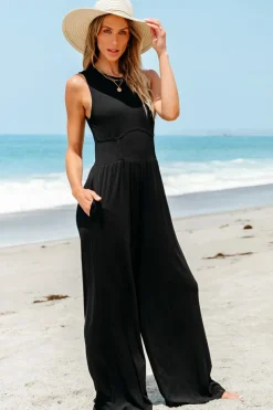 Discount Dear-Lover Cinched Waist Sleeveless Wide Leg Jumpsuit Black