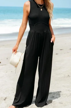 Discount Dear-Lover Cinched Waist Sleeveless Wide Leg Jumpsuit Black