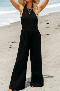 Discount Dear-Lover Cinched Waist Sleeveless Wide Leg Jumpsuit Black