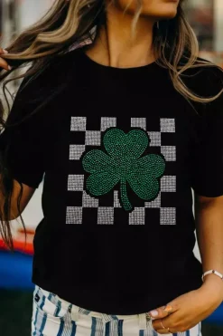 Fashion Dear-Lover Clover Checkered Rhinestone Crew Neck T Shirt Black