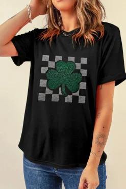 Fashion Dear-Lover Clover Checkered Rhinestone Crew Neck T Shirt Black