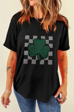 Fashion Dear-Lover Clover Checkered Rhinestone Crew Neck T Shirt Black