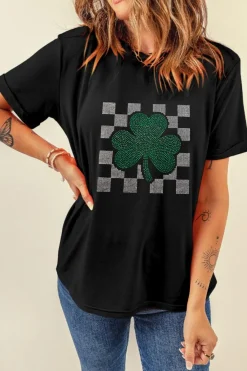 Fashion Dear-Lover Clover Checkered Rhinestone Crew Neck T Shirt Black