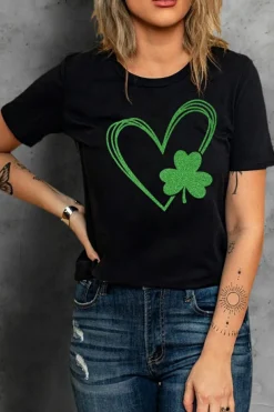 Clearance Dear-Lover Clover Heart Shaped Graphic Tee Black