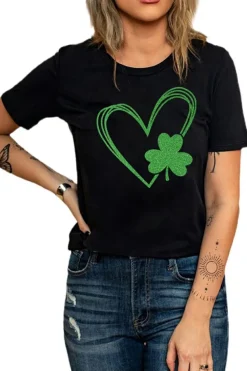 Clearance Dear-Lover Clover Heart Shaped Graphic Tee Black