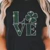 Hot Dear-Lover Clover LOVE Rhinestone Graphic St Patricks Day T Shirt Black