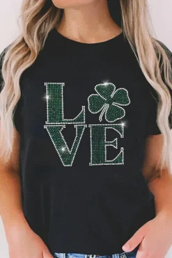Hot Dear-Lover Clover LOVE Rhinestone Graphic St Patricks Day T Shirt Black