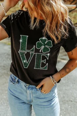 Hot Dear-Lover Clover LOVE Rhinestone Graphic St Patricks Day T Shirt Black