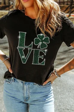 Hot Dear-Lover Clover LOVE Rhinestone Graphic St Patricks Day T Shirt Black
