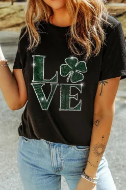 Hot Dear-Lover Clover LOVE Rhinestone Graphic St Patricks Day T Shirt Black