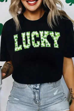 Outlet Dear-Lover Clover LUCKY Letter Graphic St Patricks Day T Shirt Black