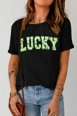 Outlet Dear-Lover Clover LUCKY Letter Graphic St Patricks Day T Shirt Black