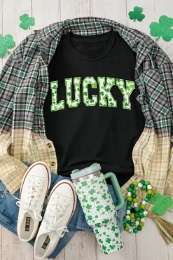 Outlet Dear-Lover Clover LUCKY Letter Graphic St Patricks Day T Shirt Black