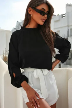 Outlet Dear-Lover Cold Shoulder Bishop Sleeve Blouse Black