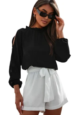 Outlet Dear-Lover Cold Shoulder Bishop Sleeve Blouse Black
