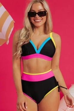 Online Dear-Lover Color Block Drawstring Side V Neck High Waist Bikini Set Black
