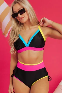 Online Dear-Lover Color Block Drawstring Side V Neck High Waist Bikini Set Black