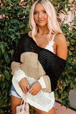 Hot Dear-Lover Color Block Eyelet Long Sleeve Twisted Back Knit Top Black