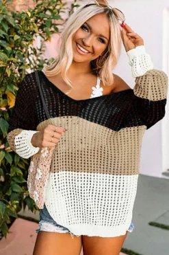 Hot Dear-Lover Color Block Eyelet Long Sleeve Twisted Back Knit Top Black