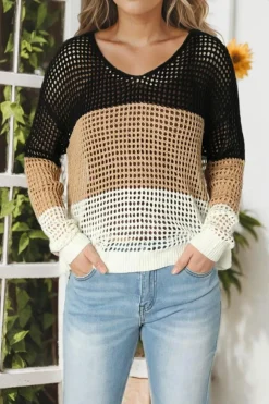 Hot Dear-Lover Color Block Eyelet Long Sleeve Twisted Back Knit Top Black