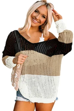 Hot Dear-Lover Color Block Eyelet Long Sleeve Twisted Back Knit Top Black
