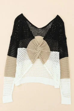 Hot Dear-Lover Color Block Eyelet Long Sleeve Twisted Back Knit Top Black