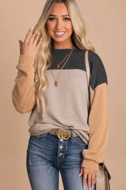 Online Dear-Lover Color Block Long Sleeve Ribbed Loose Top Black