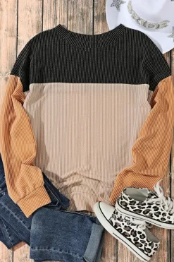 Online Dear-Lover Color Block Long Sleeve Ribbed Loose Top Black