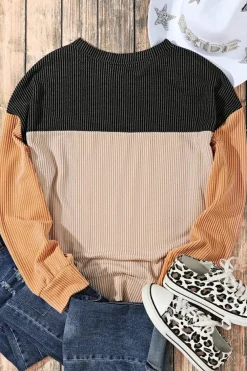 Online Dear-Lover Color Block Long Sleeve Ribbed Loose Top Black