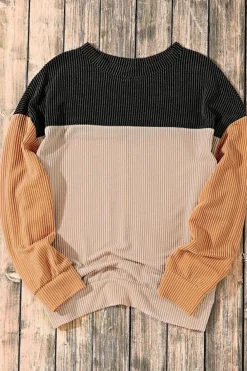 Online Dear-Lover Color Block Long Sleeve Ribbed Loose Top Black
