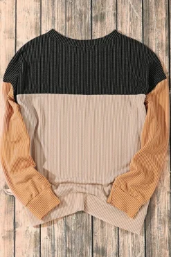 Online Dear-Lover Color Block Long Sleeve Ribbed Loose Top Black