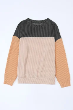 Online Dear-Lover Color Block Long Sleeve Ribbed Loose Top Black
