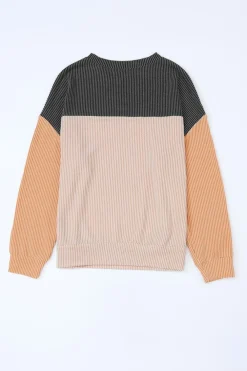 Online Dear-Lover Color Block Long Sleeve Ribbed Loose Top Black