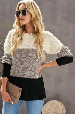 Hot Dear-Lover Color Block Netted Texture Pullover Sweater Black