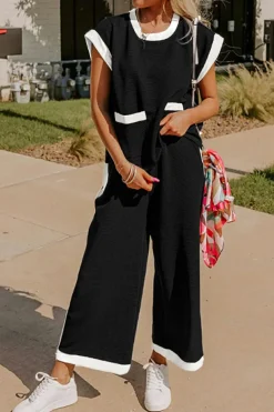 Hot Dear-Lover Color Block Pocketed T Shirt and Wide Leg Pants Set Black